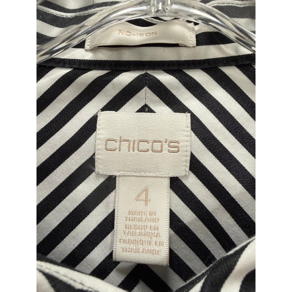 Chicos Womens No-Iron Striped Button Down Shirt Black White Cotton Size 4 XXL